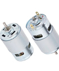 Workhorse 775 Brushed DC Motor 12V To 24V 288 Watt Double Ball Bearing Spindle Spinning 12000 RPM in silver with exposed shaft.