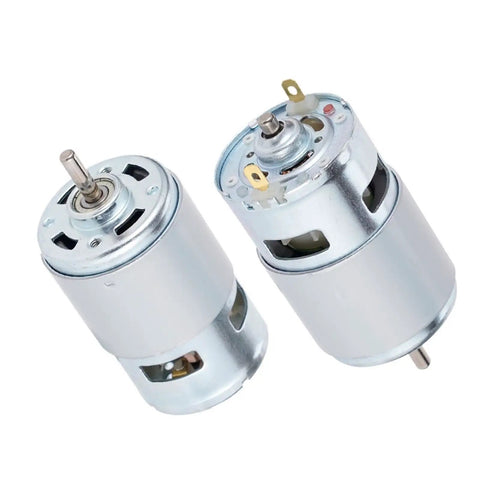 Workhorse 775 Brushed DC Motor 12V To 24V 288 Watt Double Ball Bearing Spindle Spinning 12000 RPM in silver with exposed shaft.