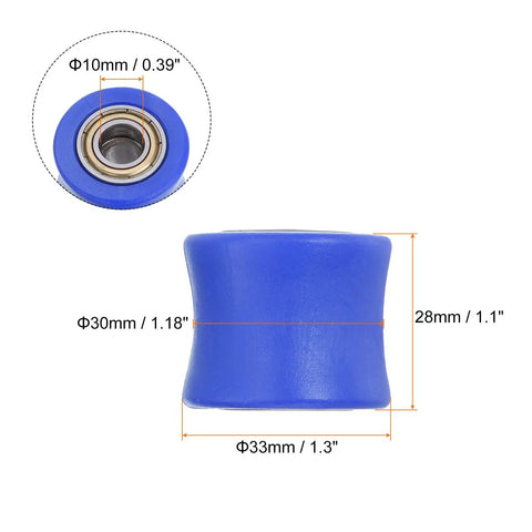 Close-up of Bombproof 10mm Nylon Chain Roller Tensioner Slider Kit For Mini Motorcycle Dirt Bike ATV Go Kart, blue with bearings.