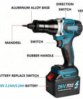 Beefy Cordless Rivet Nut Gun With Turnkey Automatic Trigger Setup For No Fuss M3 To M12 Rivnut Assembly And Instant Mandrel Release Garage Ready Wireless Riveting Tool with labeled features including battery and mandrel.