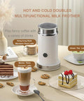Fully Automatic Milk Frother For Hot Or Cold Foam with coffee and desserts on table, showcasing various beverage options.