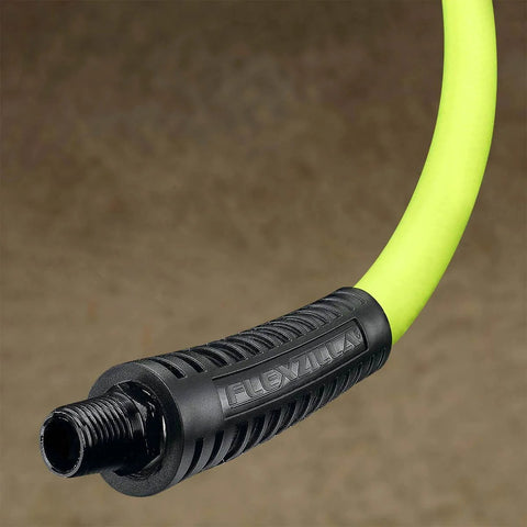 Close-up of the ZillaGreen Air Hose Three Eighth Inch By Fifty Feet With Quarter Inch MNPT Fittings, showing bend restrictor.