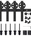 Heavy Duty 12 Ft Black Sliding Barn Door Hardware Kit For Double Doors Featuring Big Glide Rollers Rock Solid Steel Rail and components.