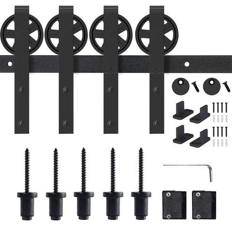 Heavy Duty Sliding Barn Door Hardware Kit Double Track System With Smooth Ride Rollers And Drop Dead Simple Install Bent Hangers In Slick Black Finish bedroom rail components.