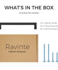 Image showing contents of 20 Pack 7-1/2 Inch Square Kitchen Cabinet Handles Matte Black Pulls For Cupboard And Drawer with screws and box.