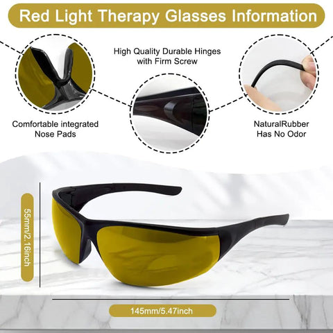 Premium Red Light Therapy Glasses With Wraparound Side Shields For Superior Eye Protection During Tanning And Laser Hair Removal Sessions That Straight Up Hits Different, showing details like hinges and nose pads.