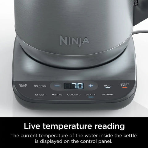 Precision Temperature Electric Kettle With 1500W Fast Boil 7 Cup Capacity BPA Free Stainless Hold Temp Setting And 7 Presets For Green Tea White Tea Oolong Black Tea Herbal Tea And Coffee showing live temperature reading on control panel.