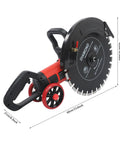 4000 Watt Electric Concrete Saw With 16 Inch Diamond Blade For Wet Or Dry Cutting Zero Downtime Heavy Duty Masonry Cutter angle view with dimensions.