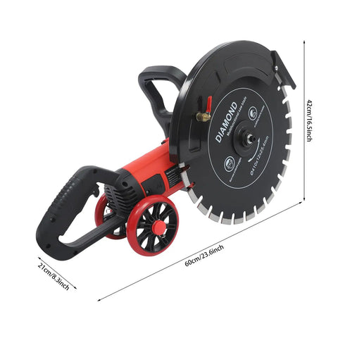 Job Site Ready 16 Inch Wet Dry Electric Concrete Cutting Saw With Integrated Water Pump And Extended Hose For Crisp Dust Free Grooving On Granite Tile Stone Wood And Brick Works Heavy Duty 4000 Watt Power Rig with blade and wheel details.