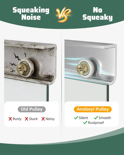 Comparison of old rusty shower door pulley and new Anobeyi pulley with heavy duty brass shafts for smooth operation.