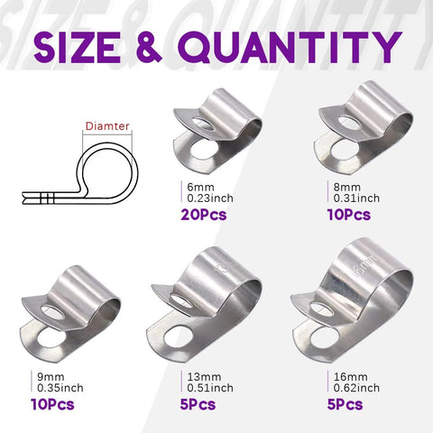 50Pcs 304 Stainless Steel Cable Clamps Assortment Kit Without Rubber Cushioned Clamps Includes 6mm 8mm 9mm 13mm And 16mm Sizes