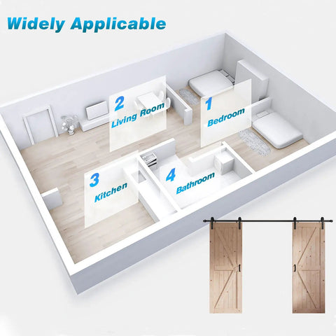 Rock Solid Double Barn Door System With Full Hardware Kit Hella Smooth Gliding Spruce Wood Room Divider For Bedroom Closet shown in room layout.