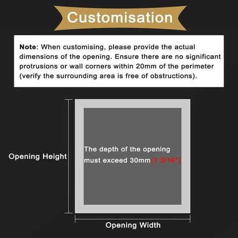 Note on customisation for Solid Removable Air Vent Grille Cover dimensions, indicating height and width requirements.