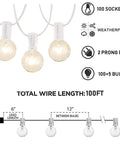 Diagram of Outdoor String Lights 100Ft With 105 Globe Bulbs Waterproof IP44 Edison G40 Bulbs For Backyard Parties showing length and plug.
