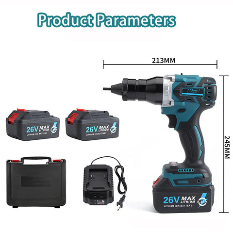 Cordless Rivet Nut Setter Gun With Dual Speed Gears And Rechargeable Battery Includes Seven Quick Swap Die Heads M3 Through M12 For Heavy Duty Auto Trades Plus No Sweat Led Work Illumination Setup showing drill, batteries, case, and charger.
