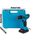 21V Brushless Cordless Drill And Screwdriver Set Heavy Hitter Power Tool Kit With Storage Case showing drill and storage dimensions.