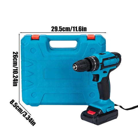 21V Brushless Cordless Drill And Screwdriver Set Heavy Hitter Power Tool Kit With Storage Case showing drill and storage dimensions.