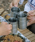 Three stainless steel water cups 350ml multi function camping mugs with smooth edges design silver for outdoor adventures and picnics.