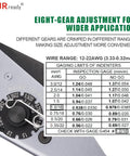 Deutsch DTM Connector Crimp Tool Kit Pro Grade With 104 Solid Contacts showing eight-gear adjustment and gaging limits.