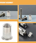 Collage of Stainless Steel Pro Grade Rivet Nut Kit 70 Pack Flat Head Threaded Inserts for machinery assembly close-up