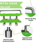Three Station Edge Roller Bender for Roofing Sheet Metal with 0 to 90 Degree Angles, aluminum handle and steel rollers close-up.