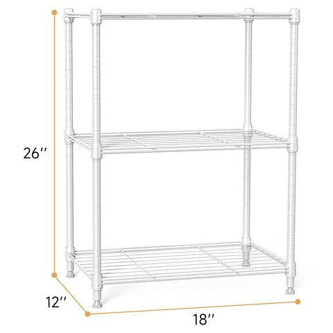Industrial Grade Three Tier Wire Shelving Rack, Tough As Nails Carbon Steel Pantry Organizer Perfect For Kitchen Or Laundry Room, Holds Up To 450 Pounds, No Sweat Home Storage System In Bright White, 26x18x12 inches.
