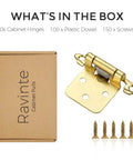 Heavy Duty Gold Overlay Cabinet Hinges 1/2 Inch Face Frame Model With Quiet Cushion Bumpers And Rust Proof Screws For Solid Kitchen Remodels No Hassle Setup Total Weekend Renovation Hero, including screws and packaging.