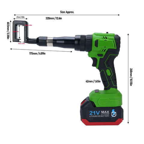 Effortless 21V Cordless Keel Pliers With 360 Rotating Head For Steel Stud Framing And Drywall Includes Heavy Duty Battery For Power Punching And Riveting On Any Gig, shown from side angle with dimensions.