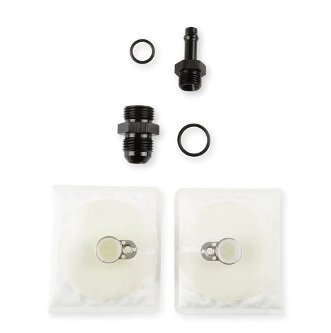 Beefy Drop In Dual Electric In Tank Fuel Pump Kit At 900 Lph Built On Heavy Duty Billet Aluminum For Gas Or E85 Builds Rock Solid Clamping Design Snaps Straight Onto Your Stock Sender showing hardware components including connectors and seals.