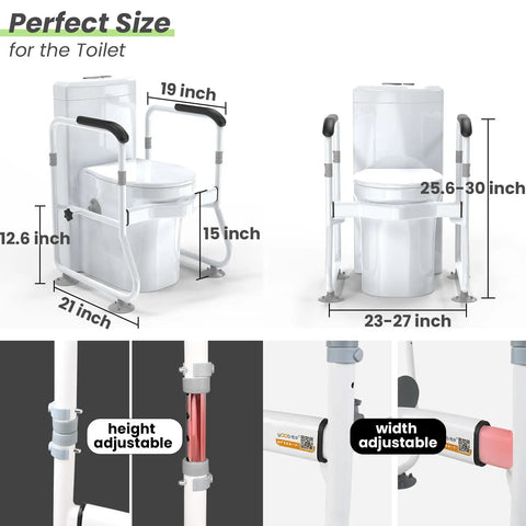 Heavy Duty Toilet Safety Rails With Padded Armrests Bathroom Grab Bar Assist Aid For Elderly And Senior Recovery Support with adjustable sizes shown.