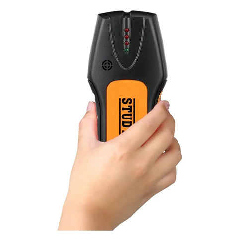 Hand holding a compact Kickass Dead Accurate Stud Finder And Wall Scanner detecting wood and metal behind drywall.