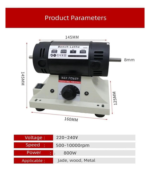 Kickin Power 800W Bench Grinder And Polishing Machine For Woodworking And Jade Carving With Quick Adjust Professional Grade Motor And Flexible Shaft Handle, displayed with product parameters and dimensions.