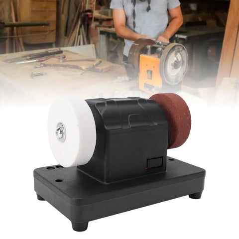 Rock-Solid Mini Dual Wheel Bench Grinder Backed By 18V Battery Compatibility And Snappy 2000 To 6000 RPM Toggle close-up on countertop.