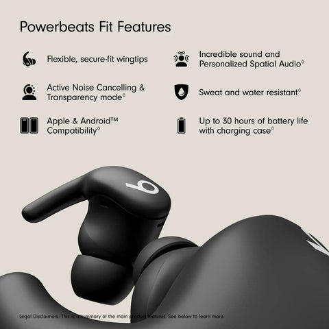 Powerbeats Fit Wireless Earbuds With Secure Wing Tips for Gym Workouts, featuring sound, battery, and compatibility highlights.