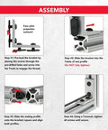 Assembly instructions for All American He Man Heavy Duty Four Hole Tall Inside Corner Bracket for T Slot Aluminum profiles.