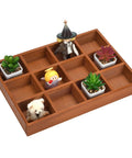 All Natural Wood Sorting Tray With Multi Grid Compartments For Jewelry Beads Craft Supplies Game Pieces And Small Parts Desktop Organizer In Brown Boss Level DIY Friendly Home Office Storage with toys and succulents arranged in the grids.