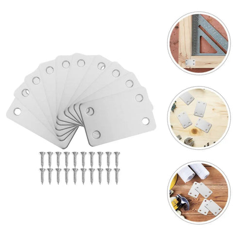 Flat Bracket Set For Diy Projects Stainless Steel Mending Plates With Screws Straight Wood Braces Easy Install Durable Home Improvement Hardware 20 Pack displayed with screws and usage examples.