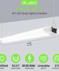 Diagram of Alusso 4Ft LED Shop Lights with specs, ultra bright 4800 lumens, 5 color temperature, linkable, ETL listed, ideal for garage lighting.