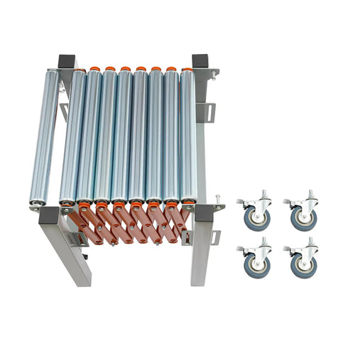 Overhead view of Heavy Duty Adjustable Conveyor Roller Table With Extendable Wheels For Mortising Machines And Planers Ready To Roll Rolling Cart Built To Last With Durable Steel Frame Silver Finish showing rollers and detached wheels
