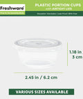 Heavy Duty 2 Oz Disposable Portion Cups With Airtight Lids Bulk 200 Piece Grab Bag shown side view with dimensions label.