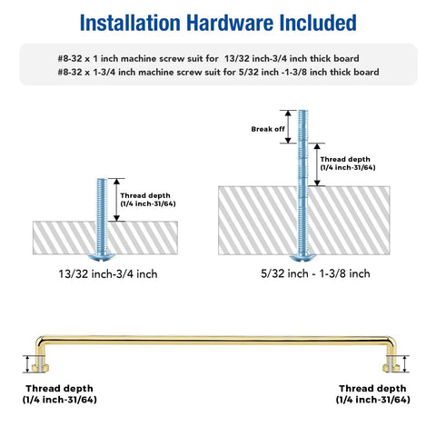 Installation hardware guide for Top Notch Polished Brass Cabinet Pulls Rock Solid Drawer Handles 5 Pack with screw details.