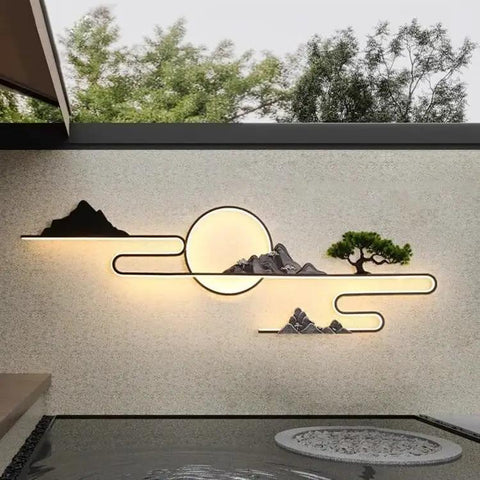 Chinese style wall lamp against a textured wall, features a round light with mountain and tree designs, 200 by 67 cm. Level Up Your Outdoor Setup With These Chinese Style Wall Lamps Super Hassle Free Vertical Or Horizontal Hang Solid Garden Landscape Lights Adding Chill Vibes To Any Yard Or Patio.