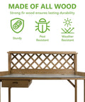 Outdoor Fir Wood Potting Bench With Metal Table Top Drawer Large Bottom Shelf and Open Shelf Garden Work Station with lattice back.