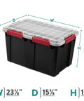 Two Pack Heavy Duty Plastic Storage Bins Thirteen Point Five Gallon Gasket Totes With Airtight Silicone Seals Rock Solid For Garage Basement Or Attic showing dimensions and tough construction.