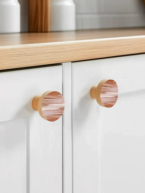 2-Pack Real Solid Beech Wood Cabinet Knobs with Kickin Red Brushstroke Painting and Misty Foggy Grey Details on white cabinetry