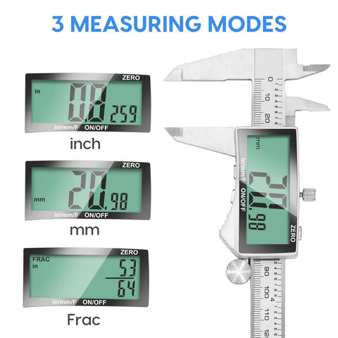 6 Inch Digital Caliper With Extra Large LCD Screen For Precision Measurement Stainless Steel Vernier Caliper showing inch, mm, frac modes