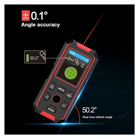 196 Ft Laser Distance Measurer and Digital Level Multi-Function Wall Stud Finder Scanner showing angle accuracy and display.