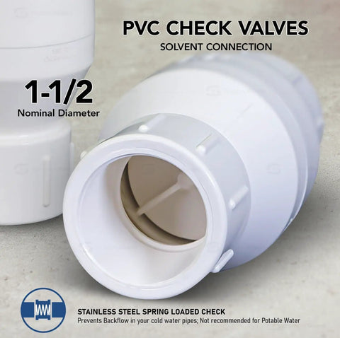 PVC Inline Check Valve For Backflow Prevention One And One Half Inch Solvent Connections White Plastic Stainless Steel Spring