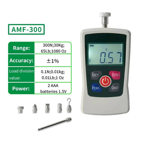 Digital Force Gauge Push Pull Meter With Straight Shot Accuracy And Easy Toggle Modes For Kickin Field Testing Across Newton Kilogram Pound And Ounce Units In A Compact Green Portable Housing display with adjustable hook and attachments.