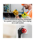 Lift installation instruction emphasizing direct power connection for Real Deal Electric Scissor Lift Packing Eight Thousand Pound Load Capacity And Forty Seven Inch Lifting Height For Tight Garage Setup On Cars Trucks And Family Vans.